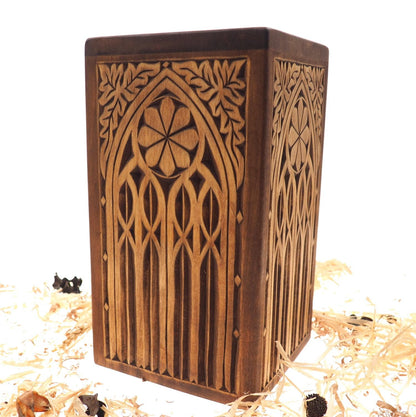 Personalized Wood Urn For Human Ashes, Wooden Memorial Box, Carved Keepsake Cremation Urns, Cremation Boxes For Burial Medieval Gothic style
