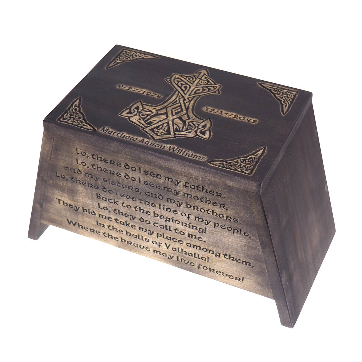 Viking Personalized Wood Urn with Thor hammer, Viking prayer, Wooden Memorial Box Carved , Cremation Urns,  Boxes For Burial, Viking, pagan