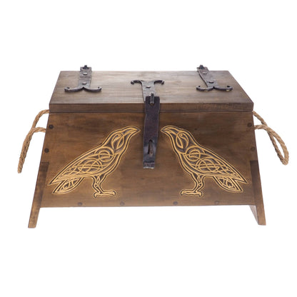 Raven Personalized Viking Chest, hand carved, Norse pattern box, chest with forged fittings, wedding gift, SCA and Larp, treasure chest