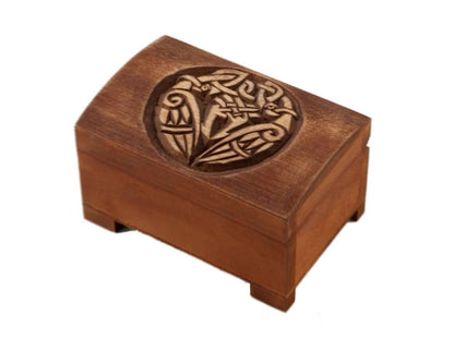 Wooden historical jewelry box with celtic birds pattern