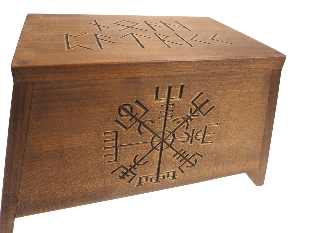 Aegishjalmur Wooden Urn For Human Ashes, Wooden Memorial Box, Hand Carved, Keepsake Cremation Urns, Cremation Boxes For Burial, Viking pagan