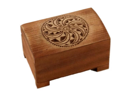 wooden historical jewelry box with solar symbol