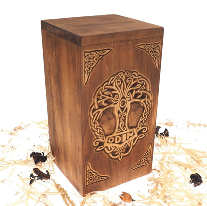 Personalized Wood Urn For Human Ashes,Thor hammer motive, Wooden Memorial Box, Carved Keepsake Cremation Urns, Cremation Boxes For Burial