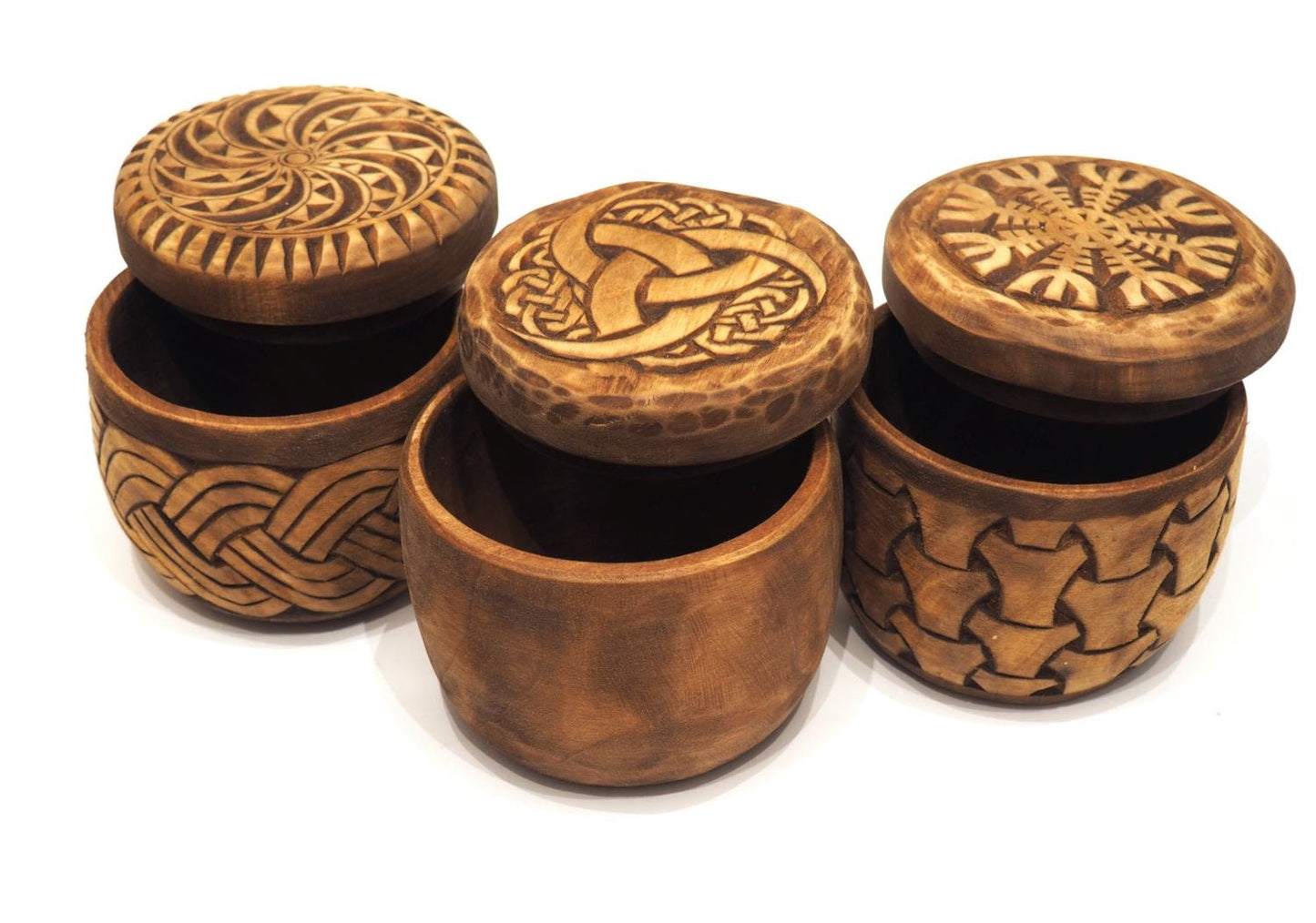 Hand carved round wooden box viking and celtic style