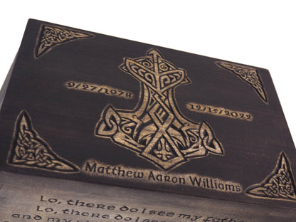 Viking Personalized Wood Urn with Thor hammer, Viking prayer, Wooden Memorial Box Carved , Cremation Urns,  Boxes For Burial, Viking, pagan