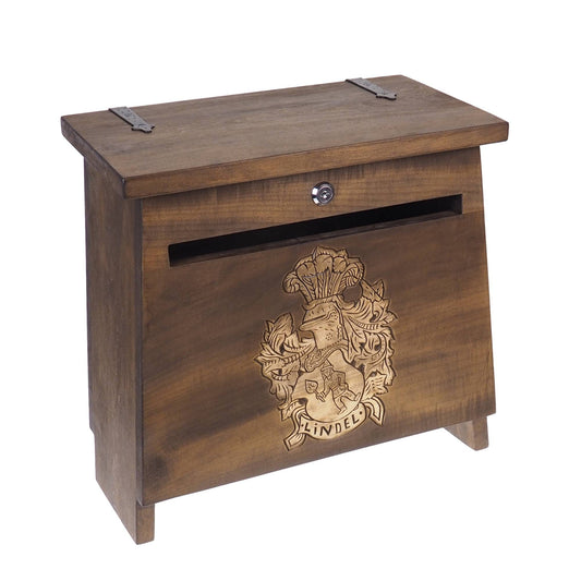Big Personalised MailBox with Crest,  Wooden Wall Mount,  CardBox with Key, Hanging Post Box with a slot, Housewarming Gift, Wedding Gift