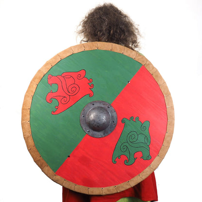 Viking Shield Green Red Bear heads Pattern,Shield with strap,  Norsman shield, Wall decor, Larp and reenactment, SCA ready,