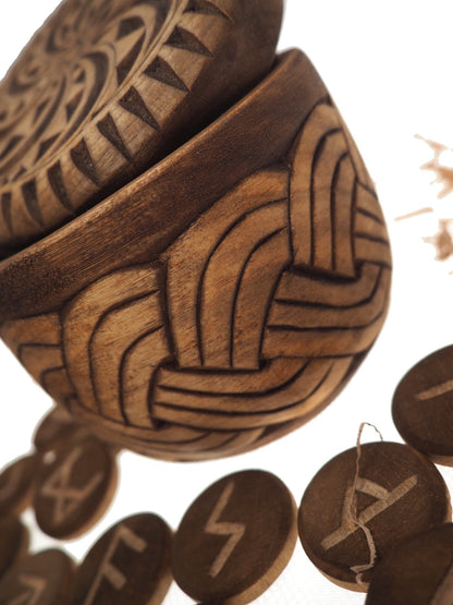 Viking Rune Set in hand carved Box with Aegishjalmur Norse Runes Elder Futhark Runes Asatru Runes Divination Runes Runes box viking Celtic