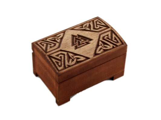 wooden historical box with hand carved valknut pattern