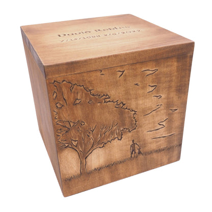 Tree and sunshine Square Personalized Wood Urn For Human Ashes, Wooden Memorial Box, Carved Keepsake Cremation Urns, Cremation Boxes, Burial