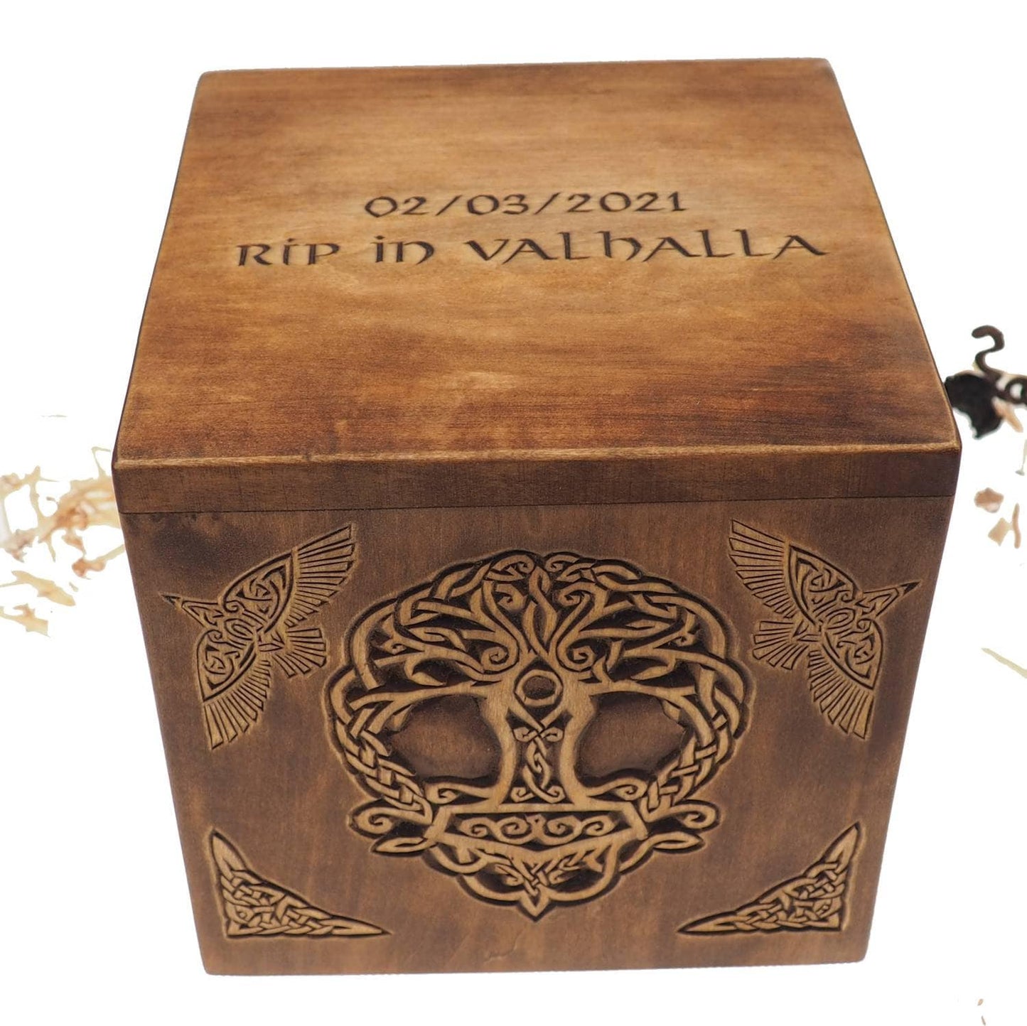 Square Personalized Wood Urn For Human Ashes, Thor hammer Yggdrasil Memorial Box, Carved Keepsake Cremation Urns, Cremation Boxes For Burial