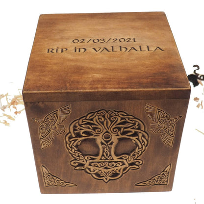 Square Personalized Wood Urn For Human Ashes, Thor hammer Yggdrasil Memorial Box, Carved Keepsake Cremation Urns, Cremation Boxes For Burial