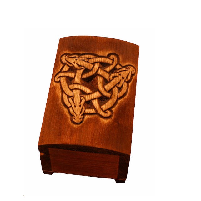 Wooden historical jewelry box with hand carved Celtic dragons pattern