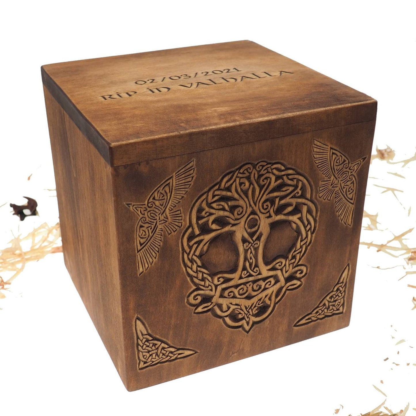 Square Personalized Wood Urn For Human Ashes, Thor hammer Yggdrasil Memorial Box, Carved Keepsake Cremation Urns, Cremation Boxes For Burial