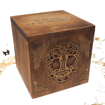 Square Personalized Wood Urn For Human Ashes, Thor hammer Yggdrasil Memorial Box, Carved Keepsake Cremation Urns, Cremation Boxes For Burial