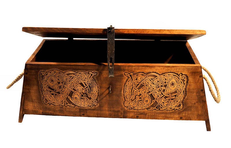 Personalized Viking Chest, hand carved, Norse pattern box, chest with forged fittings, perfect wedding gift, SCA and Larp, treasure chest