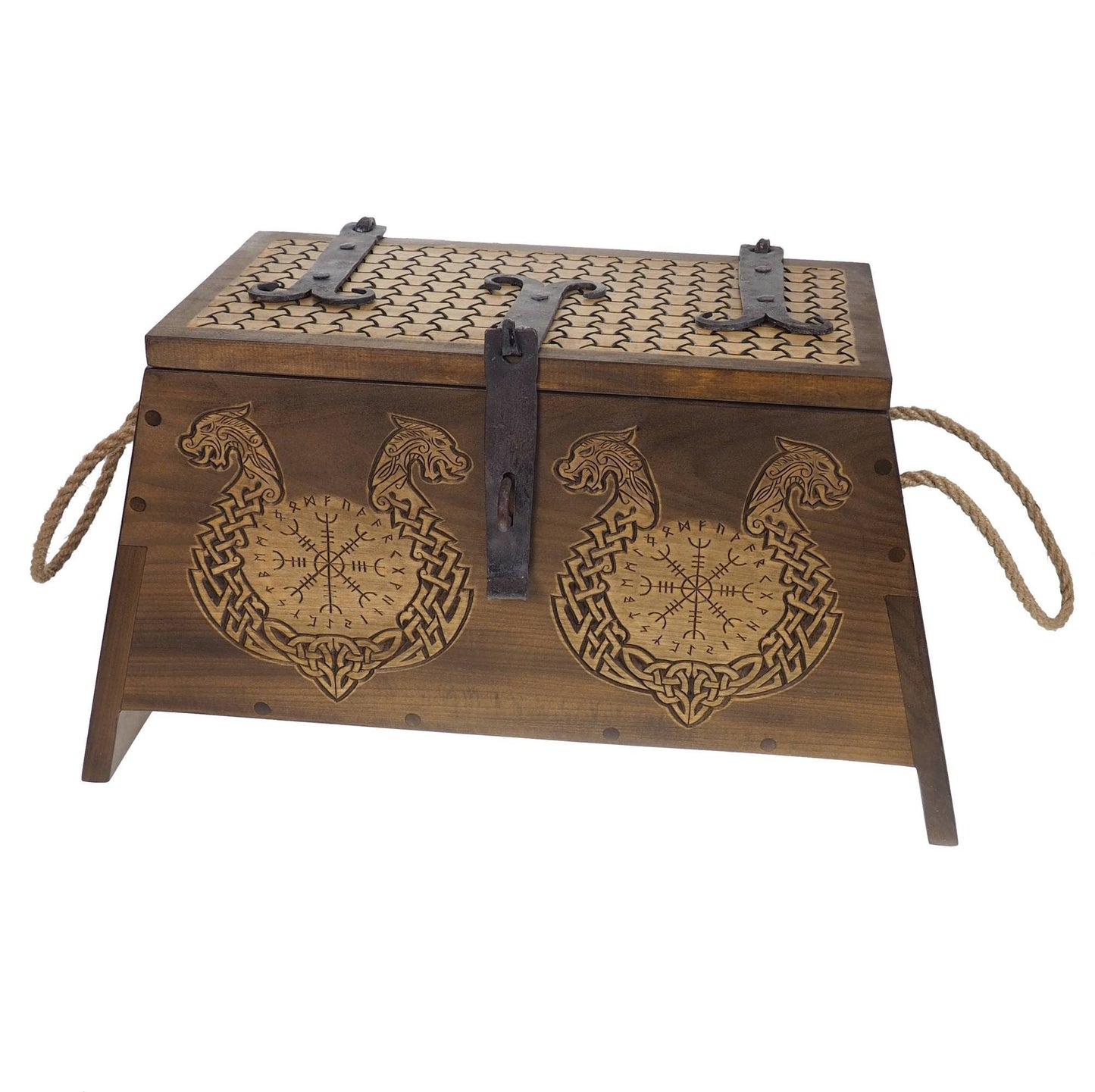 Dragons Personalized Viking Chest, hand carved, Norse pattern box, chest with forged fittings, wedding gift, SCA and Larp, treasure chest
