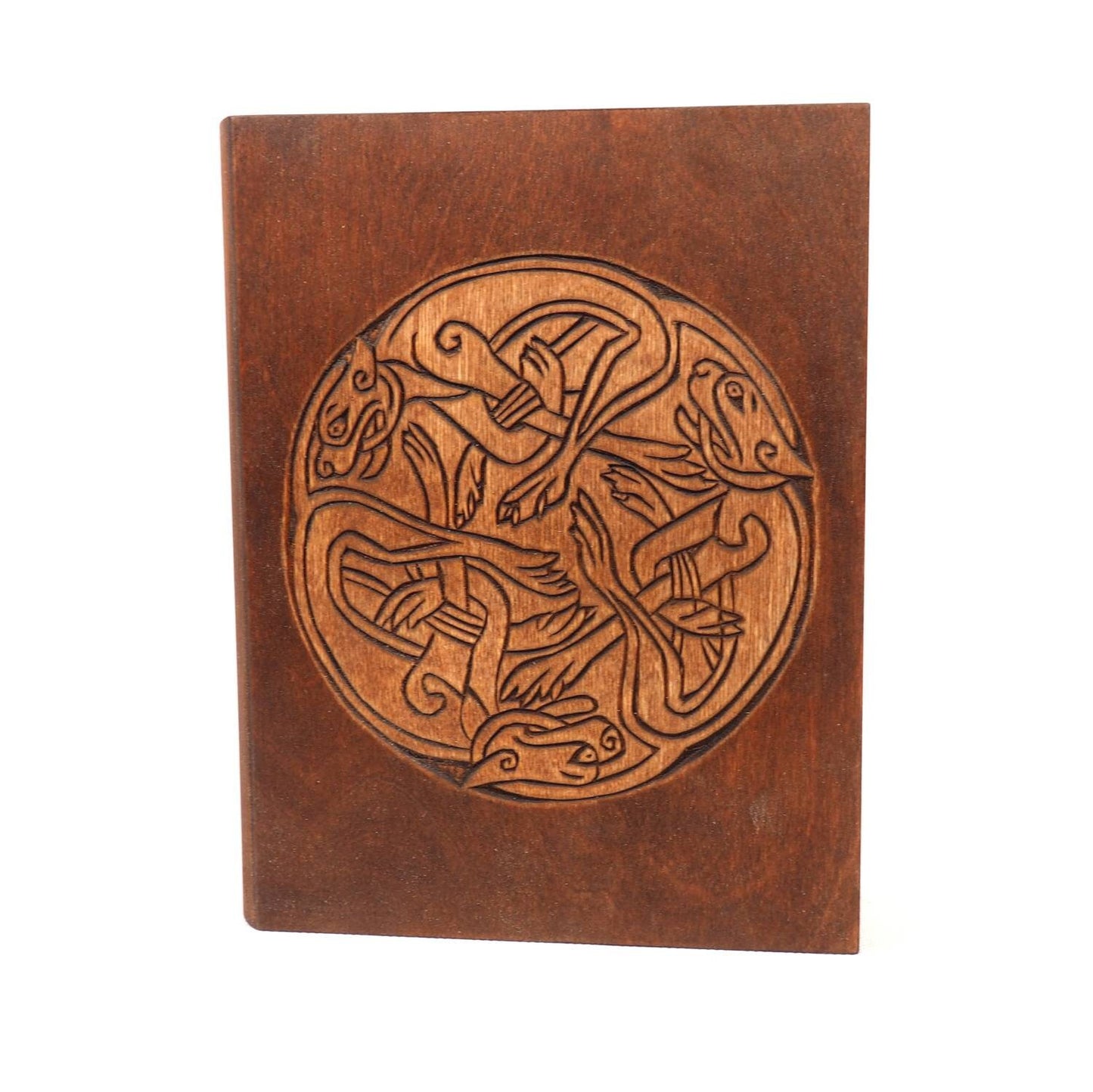 Historical wooden box in the shape of a book with  3 Dogs Book of Kells
