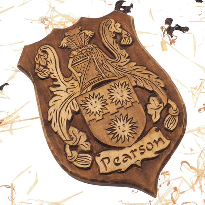 Pearson Personalized Family Crest, Hand Carved, Coat of Arms, Custom, Family Shield, Wooden Emblem, Wedding Wood Art, Heraldic, Woodcraft