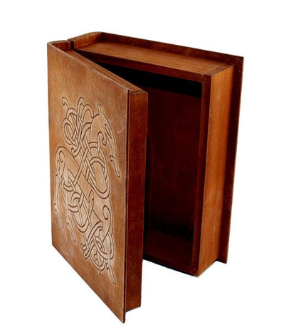 Historical wooden box in the shape of a book with Urnes Dragons