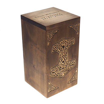 Personalized Wood Urn For Human Ashes,Thor hammer,  Wooden Memorial Box, Carved Keepsake Cremation Urns, Cremation Boxes For Burial