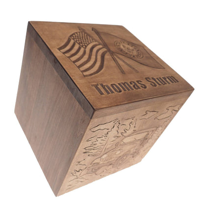 US flag Square Personalized Wood Urn For Human Ashes, Wooden Memorial Box, Carved Keepsake Cremation Urns, Cremation Boxes For Burial