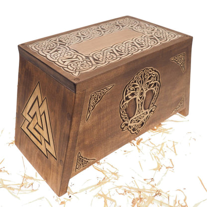 Thor hammer Yggdrasil Wooden Urn For Human Ashes, Wooden Memorial Box, Hand Carved, Keepsake Cremation Urns, Cremation Boxes For Burial