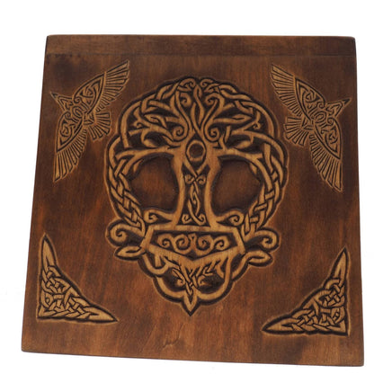 Square Personalized Wood Urn For Human Ashes, Thor hammer Yggdrasil Memorial Box, Carved Keepsake Cremation Urns, Cremation Boxes For Burial