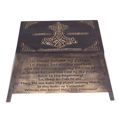 Viking Personalized Wood Urn with Thor hammer, Viking prayer, Wooden Memorial Box Carved , Cremation Urns,  Boxes For Burial, Viking, pagan