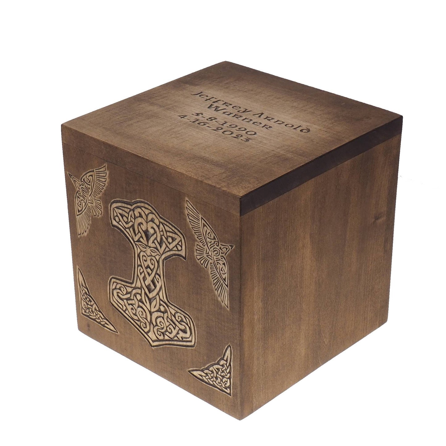 Square Personalized Wood Urn, Thor hammer , For Human Ashes, Wooden Memorial Box, Carved Keepsake Cremation Urns, Medieval Viking style