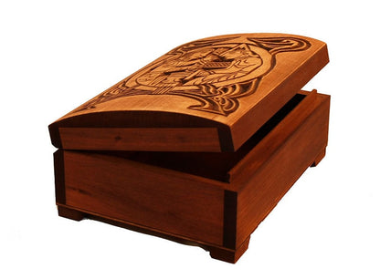 Wooden historical jewelry box with first scene from Völsunga saga