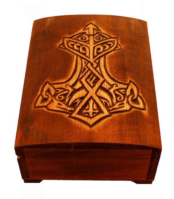 Wooden historical jewelry box with Thor Hammer