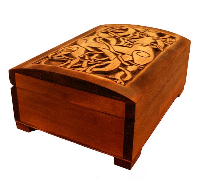 Wooden viking jewelry box with Urnes Deer, historical, Norse pattern, viking gift, memory box, hand carved