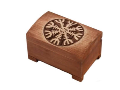 wooden historical jewelry box with hand carved Aegishjalmur pattern