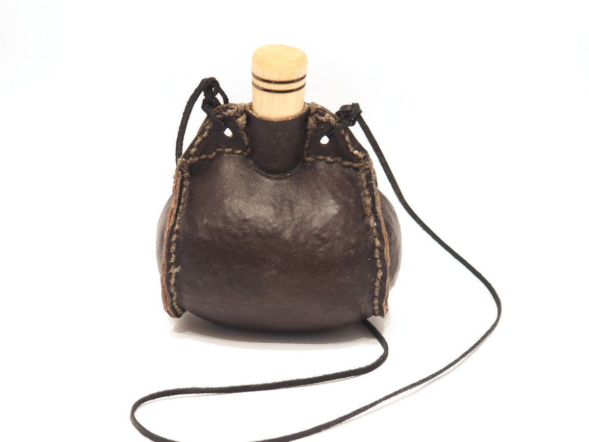 Small hand crafted authentic medieval wine skin with wooden stopper leather flask bladder ALL NATURAL