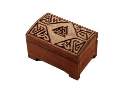 wooden historical box with hand carved valknut pattern