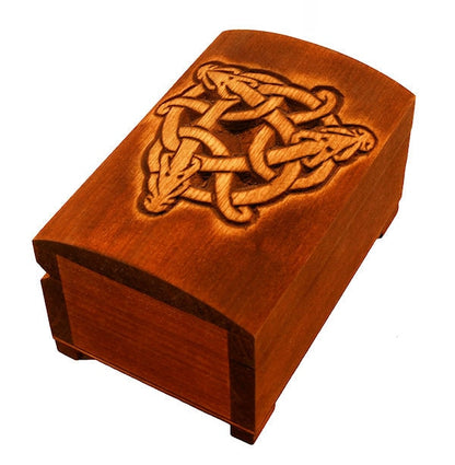 Wooden historical jewelry box with hand carved Celtic dragons pattern