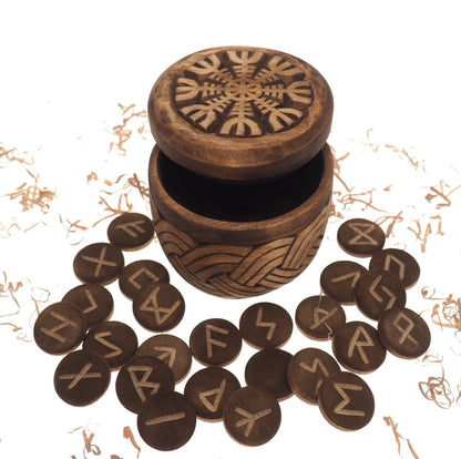 Viking Rune Set in hand carved Box with Aegishjalmur Norse Runes Elder Futhark Runes Asatru Runes Divination Runes Runes box viking Celtic