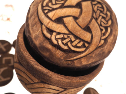 Viking Rune Set in hand carved Box with Odin's Triple Horn Norse Runes Elder Futhark Runes Asatru Runes Divination Runes Runes box viking