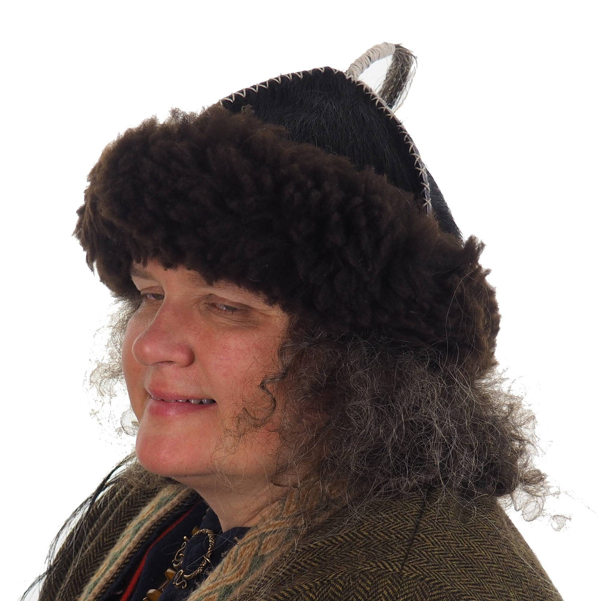 Black Historical leather hat with horse tail, hand sewn, larp, medieval, sca, unisex hat, headdress viking, Mongol, Slavic, Viking clothing