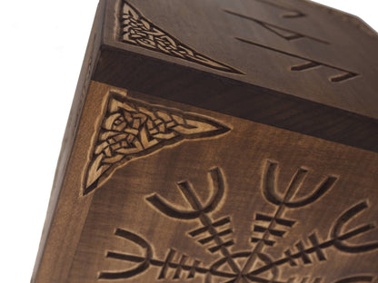 Square Personalized Wood Urn, Aegishjalmur, For Human Ashes, Wooden Memorial Box, Carved Keepsake Cremation Urns, Medieval Viking style