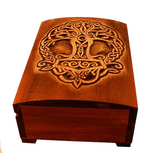 Wooden historical jewelry box with Yggdrasil and Thor hammer