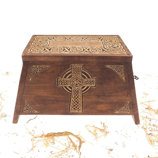 Celtic Cross Wooden Urn For Human Ashes, Wooden Memorial Box, Hand Carved, Keepsake Cremation Urns, Cremation Boxes For Burial, Celtic pagan