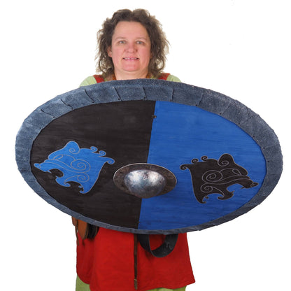 Viking Shield Blue and Black Bear heads Pattern,Shield with strap,  Norsman shield, Wall decor, Larp and reenactment, SCA ready,