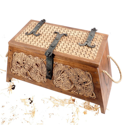Personalized Viking Chest, hand carved, Norse pattern box, chest with forged fittings, perfect wedding gift, SCA and Larp, treasure chest