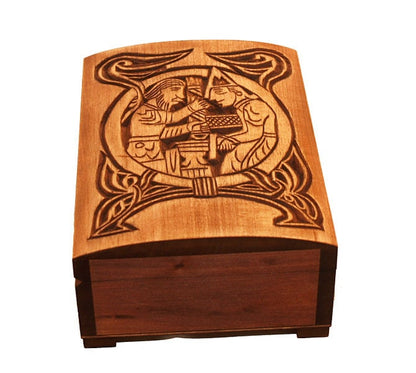 Wooden historical jewelry box with first scene from Völsunga saga