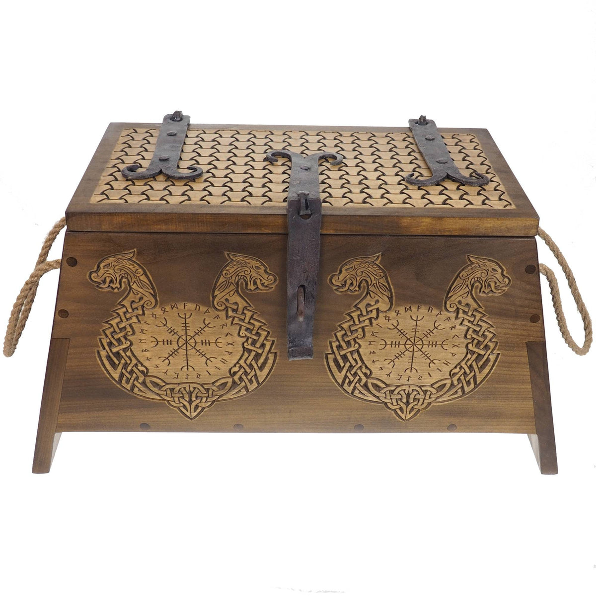 Dragons Personalized Viking Chest, hand carved, Norse pattern box, chest with forged fittings, wedding gift, SCA and Larp, treasure chest