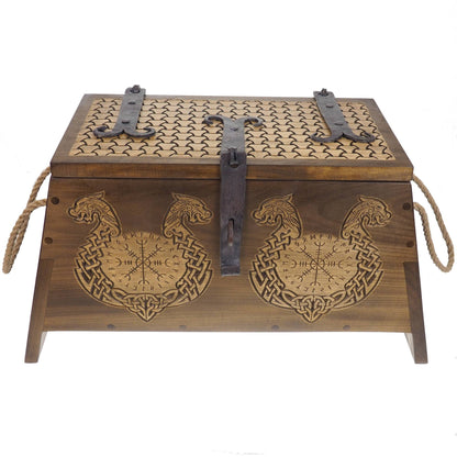 Dragons Personalized Viking Chest, hand carved, Norse pattern box, chest with forged fittings, wedding gift, SCA and Larp, treasure chest