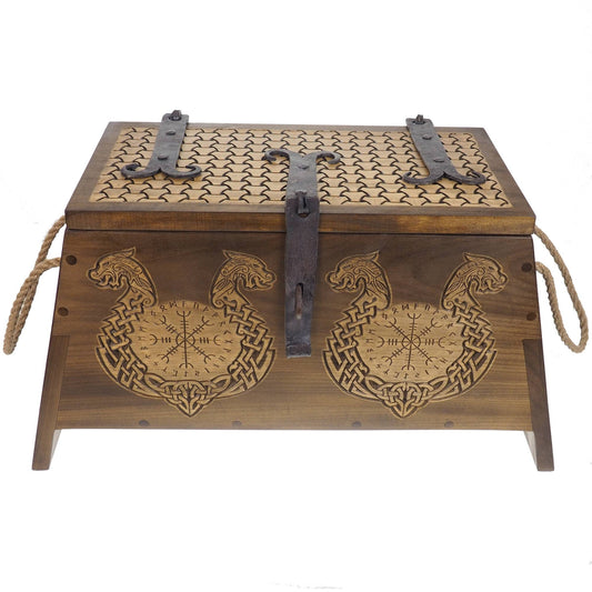 Dragons Personalized Viking Chest, hand carved, Norse pattern box, chest with forged fittings, wedding gift, SCA and Larp, treasure chest
