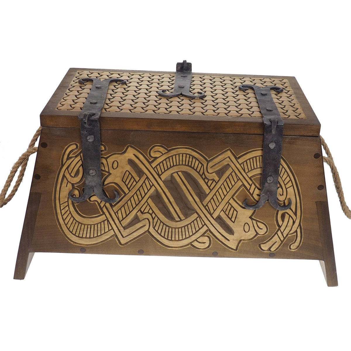 Dragons Personalized Viking Chest, hand carved, Norse pattern box, chest with forged fittings, wedding gift, SCA and Larp, treasure chest